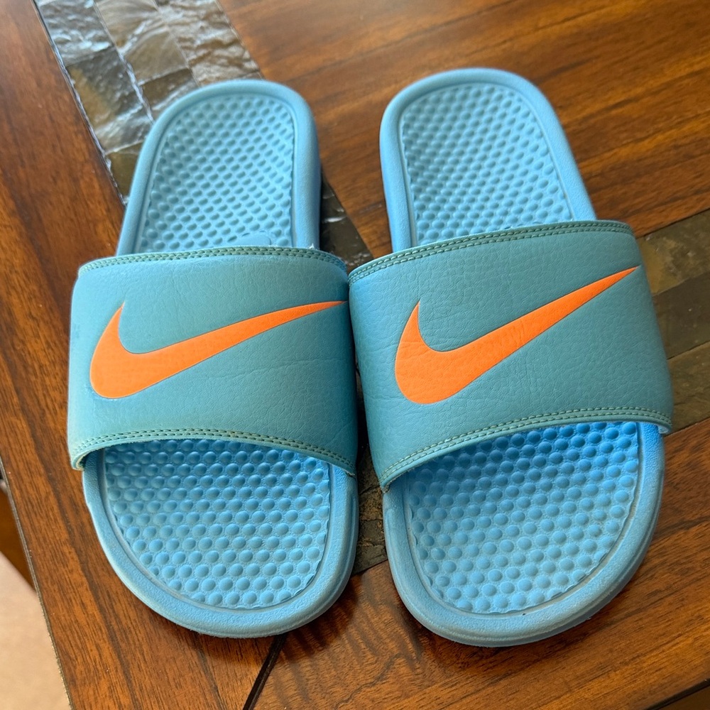 Nike Women’s Blue Slide Sandals with Orange Swoosh